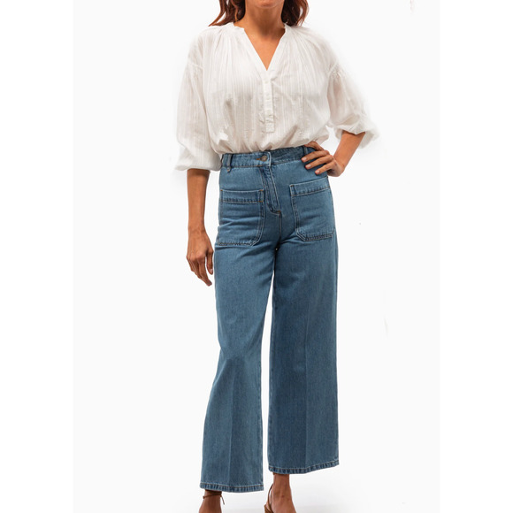 VANESSA BRUNO Nipoa Striped Blouse Sheer Split Neck in White - Picture 2 of 11